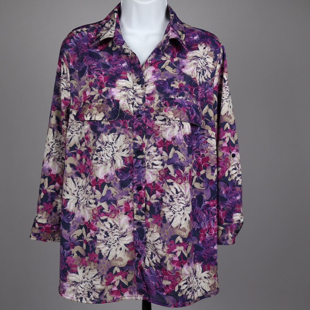 White Stag Womens L 12-14 Floral Long Sleeve Purple Button Up Shirt